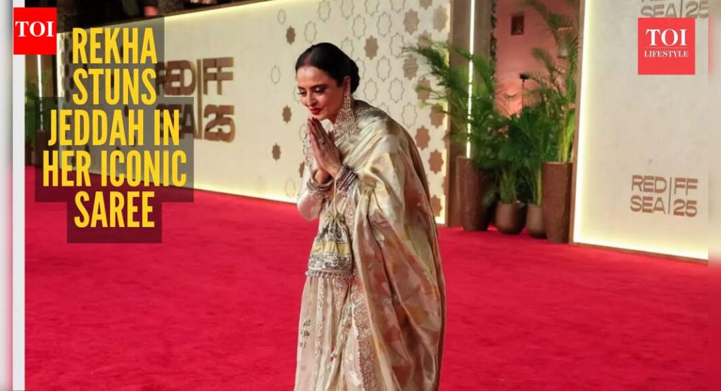 रेखा तिच्या ट्रेडमार्क साडी आणि सिंदूर लुकमध्ये जेद्दावर राज्य करते